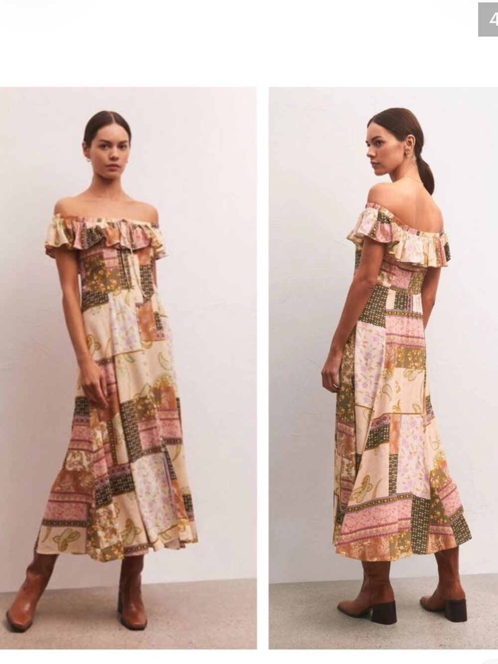 Z Supply Off-Shoulder Patchwork Midi Dress in Pink and Green Patchwork